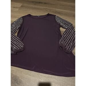 Marina Plum Purple Sheer Rhinestone Bell Sleeve Shirt Sz 12 Asymmetric Hem